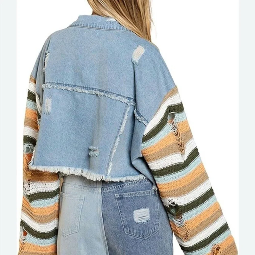 POL Blue Jean Jacket with Multicolor Striped Sleeves - Picture 2 of 4